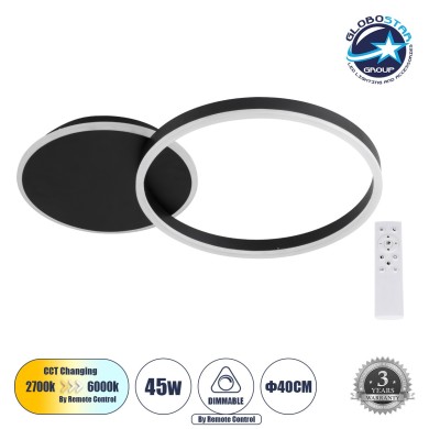 GLOBOSTAR® VENOM 61117 Μοντέρνο Φωτιστικό Οροφής LED 45W 5445lm 360° AC 220-240V IP20 Ρυθμιζόμενο Λευκό CCT με Χειριστήριο από 2700K έως 6000K Dimmable - Lumileds SMD Chip - Μαύρο Ματ - Μ60 x Π40 x Υ7.5cm - 3 Χρόνια Εγγύηση